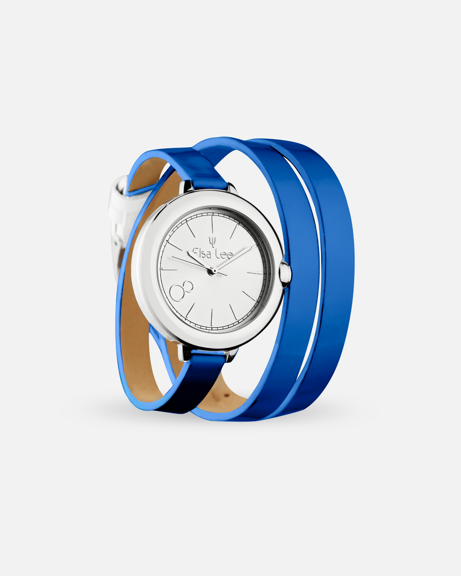 Montre MOON – Cadran Argenté & Bracelet Double Tour Cuir Bleu