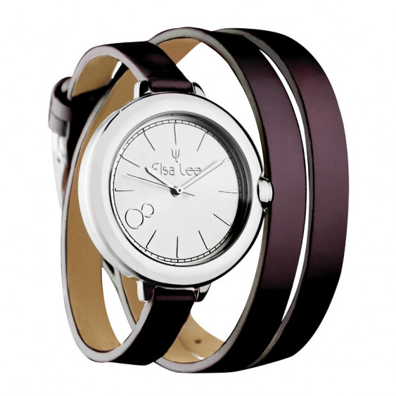 Montre en argent avec bracelet double cuir violet chez Elsa Lee Paris