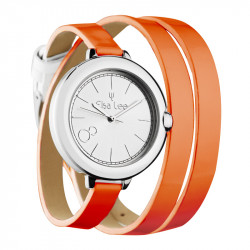 Montre en argent avec un bracelet double en cuir orange et cadran argenté Elsa Lee Paris