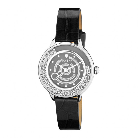 Elsa Lee Paris watch made for women, with a black dial, a silver case filled up with Cubic Zirconia and a black leather strap