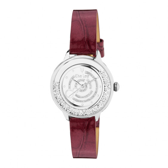 Elsa Lee Paris watch made for women, with a white dial, a silver case filled up with Cubic Zirconia and a purple leather strap