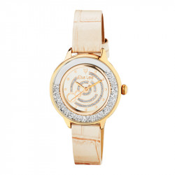 Elsa Lee Paris watch made for women, with a gold-tone case filled up with Cubic Zirconia and a gold leather strap