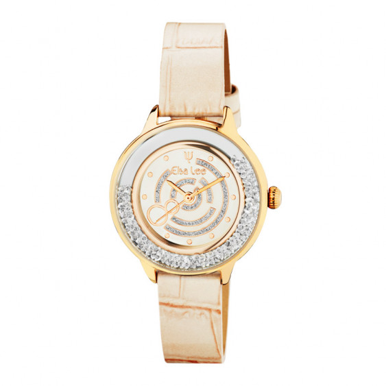 Elsa Lee Paris watch made for women, with a gold-tone case filled up with Cubic Zirconia and a gold leather strap