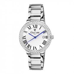 Elsa Lee Paris watch for women, with silver steel strap, silver case filled with Cubic Zirconia