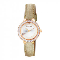Elsa Lee Paris watch with a beige lambskin strap, gold tone case with clear Cubic Zirconia