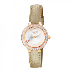 Montre classique Elsa Lee Paris, bracelet en cuir or, lunette dorée incrustée d'oxydes de Zirconium