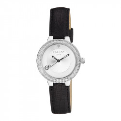 Elsa Lee Paris watch with a black lambskin strap, silver tone case with clear Cubic Zirconia