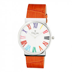 Thin orange watch with roman numerals stainless steel Elsa Lee 