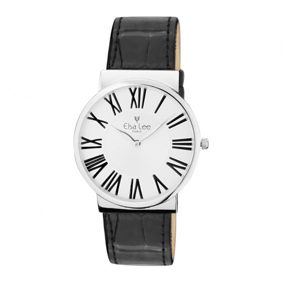 Montre plate noire chiffres romains par Elsa Lee Paris 