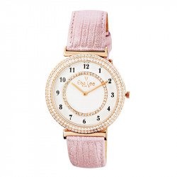 Elsa Lee Paris watch for women, gold tone case filled up with Cubic Zirconia and pink leather strap