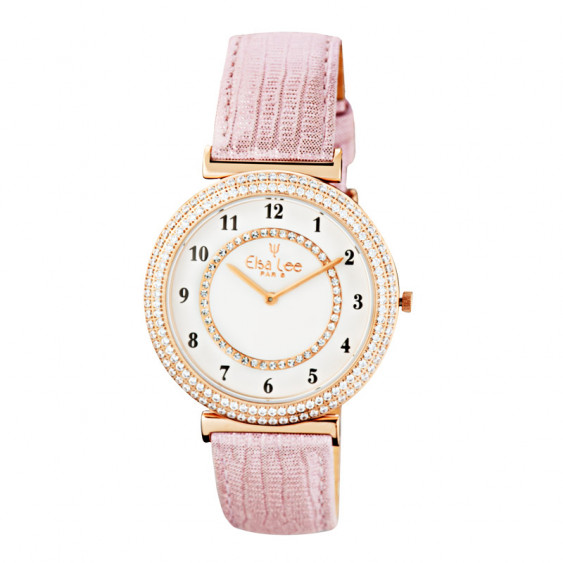 Montre Elsa Lee Paris, bracelet en cuir rose poudré, cadran doré avec oxydes de Zirconium