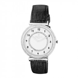 Elsa Lee Paris watch for women, silver tone case filled up with Cubic Zirconia and black leather strap