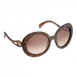 Elsa Lee Paris sunglasses, round frame made of semi-transparent sparkling brown plastic, with a gold tone symbol on the temples