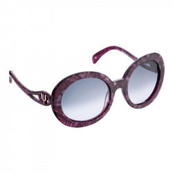 Elsa Lee Paris sunglasses, round frame made of semi-transparent sparkling fuchsia plastic, with a gold tone symbol on the temple