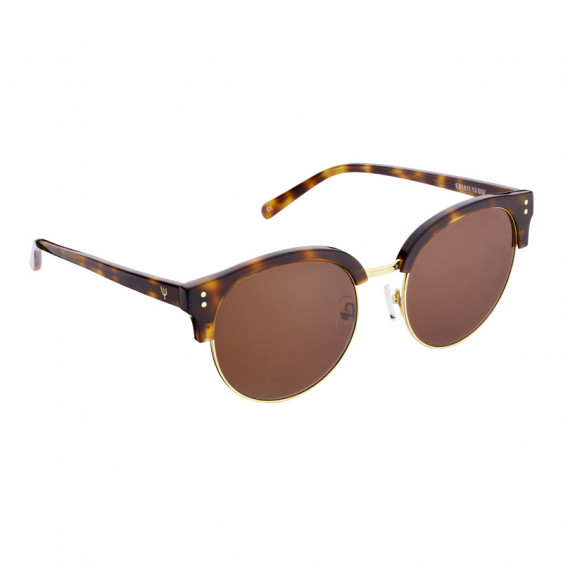 Elsa Lee Paris sunglasses, modern semi rimless frame made of plastic and metal in gold and brown, brown lenses