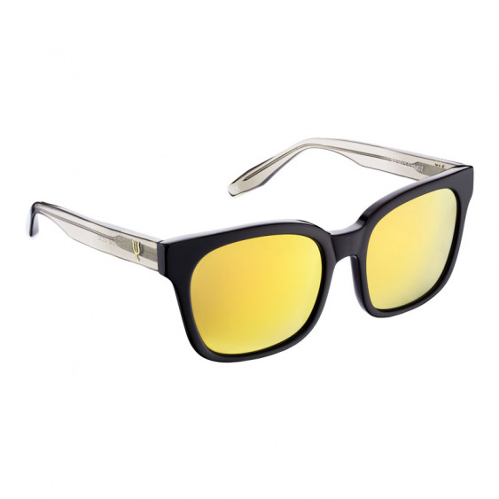 Lunettes de soleil Elsa Lee, monture moderne carrée en plastique de couleur noire, branches transparentes, verres teintés jaune