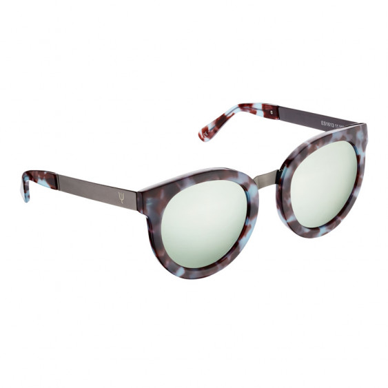 Elsa Lee Paris vintage sunglasses, round plastic frame in brown and blue with gold tone symbol on temples