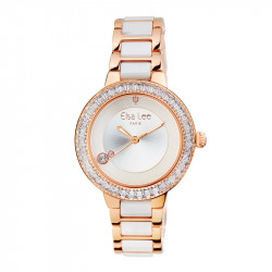 Elsa Lee Paris watch with a steel and ceramic strap, gold tone case with clear Cubic Zirconia