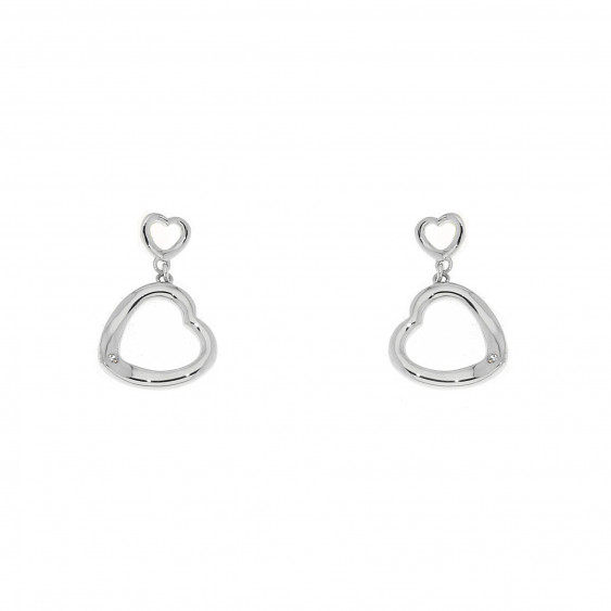 Elsa Lee Paris - Heart Shaped Silver Sterling, rhodium plated, dangling earrings, with 2 cubics zirconia 