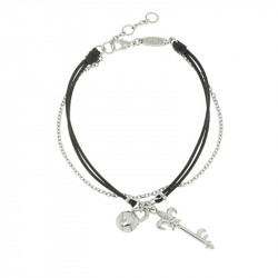 Bracelet Elsa Lee Paris, modèle clé et cadenas, avec oxydes de Zirconium sur cordon double en coton noir et chaine en argent