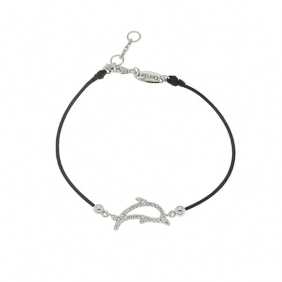 Bracelet Elsa Lee Paris, modèle dauphin, avec oxydes de Zirconium sur cordon en coton noir