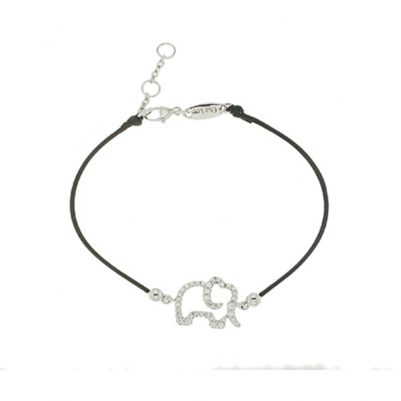 Bracelet Elsa Lee Paris, modèle éléphant, avec oxydes de Zirconium sur cordon en coton noir