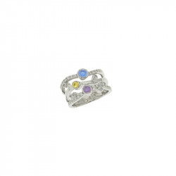 Bague Elsa Lee Paris en Argent, 3 rangs dont un pavé d'oxydes de Zirconium. 3 oxydes de couleurs bleu, jaune et violet