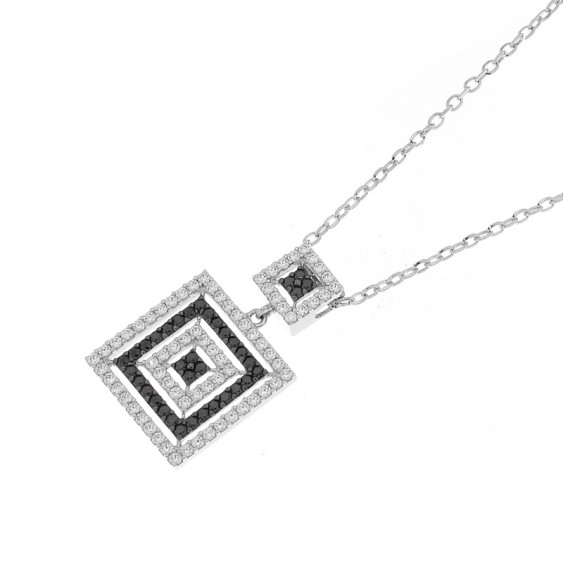 Collier Elsa Lee Paris, en Argent 925, longueur 42cm, motif carré avec oxydes de Zirconium blancs et noirs