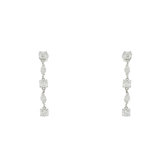 Boucles d'Oreilles pendantes Elsa Lee Paris en argent 925. 5 oxydes de Zirconium sertis griffe tailles princesse et navette