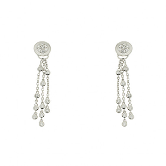 Boucles d'Oreilles pendantes Elsa Lee Paris, en Argent. Zirconium serti clos taille brillant sur le lobe et chaines pendantes