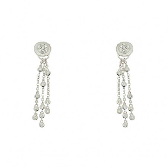 Silver drop earrings with dangling chain and close sets cubics zirconia