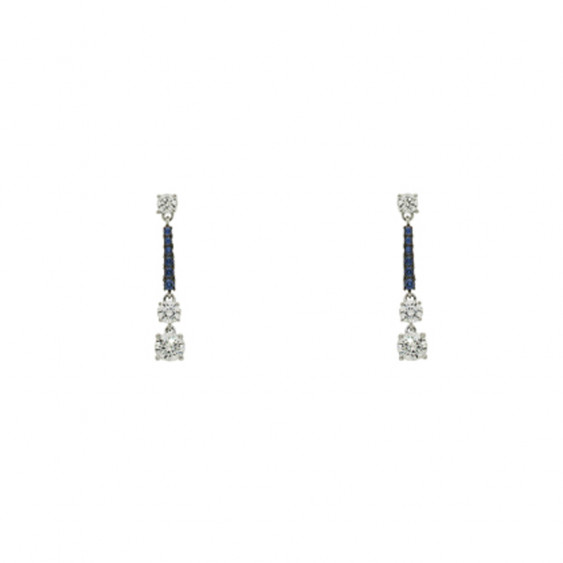 Boucles d'oreilles pendantes Elsa Lee Paris en Argent 925. Oxydes de Zirconium blancs avec montures pavées d'oxydes bleus foncés