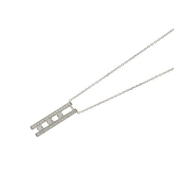 Collier Elsa Lee Paris, Argent 925, deux lignes pendantes pavées d'oxydes de Zirconium blancs, reliées par trois oxydes