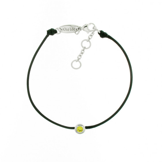 Bracelet Elsa Lee Paris, modèle Novembre avec un oxyde de Zirconium jaune serti griffe sur cordon en coton noir