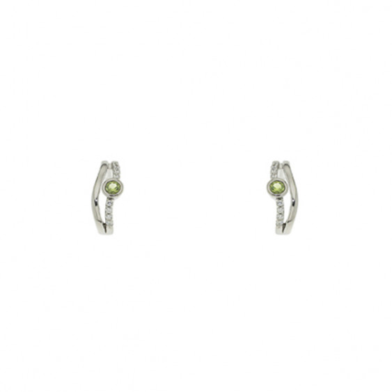 Boucles d'Oreilles Elsa Lee Paris, Argent 925, deux rangs dont un pavé d'oxydes de Zirconium blancs avec au centre un oxyde vert