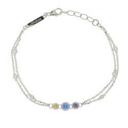 Double chain silver bracelet with its close sets cubics zirconia in white, blue, purple and yellow