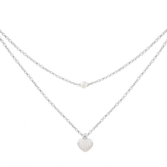 Elsa Lee Paris silver necklace from our Valentine's collection, 2 chains, heart shape pendant with Cubic Zirconia and white pear