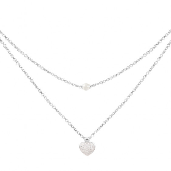 Collier Be my Valentine Elsa Lee, en argent motif coeur pavé d'oxydes de Zirconium et perle blanche sur deux chaines