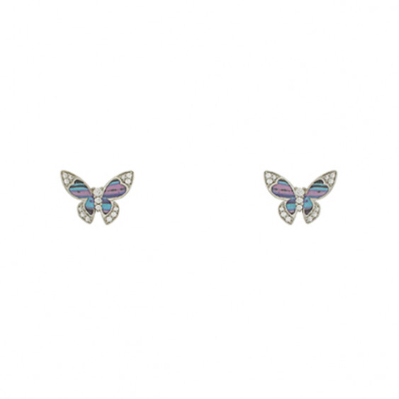 Boucles d'oreilles Elsa Lee Paris, modèle Papillon, avec oxyde de Zirconium et émail bleu et violet