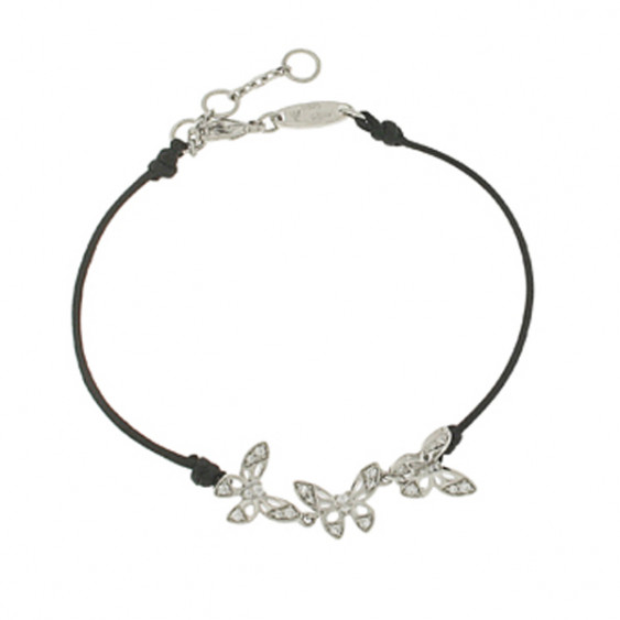 Bracelet Elsa Lee Paris, modèle Papillon, avec trois papillons en argent pavés de Zirconiums sur cordon noir