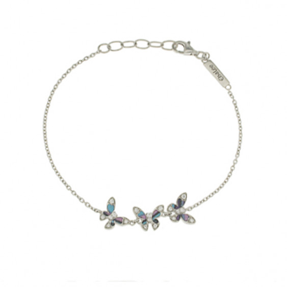 Bracelet chaine Elsa Lee Paris, avec trois papillons en argent pavés de Zirconiums et email bleu et violet