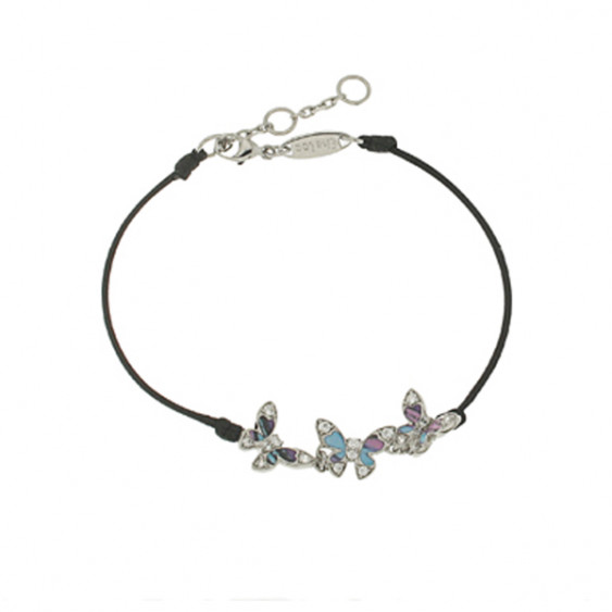 Bracelet Elsa Lee Paris, modèle Papillon, avec trois papillons en argent pavés de Zirconiums et email sur cordon noir