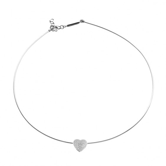 Collier jonc Be my Valentine Elsa Lee, en argent massif et pendentif motif coeur pavé d'oxydes de Zirconium