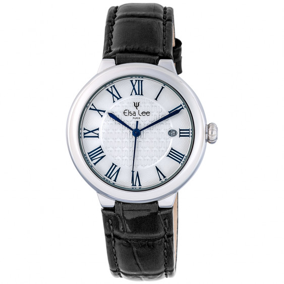 women black leather strap watch and roman numerals and silver bezel by Elsa Lee Paris 