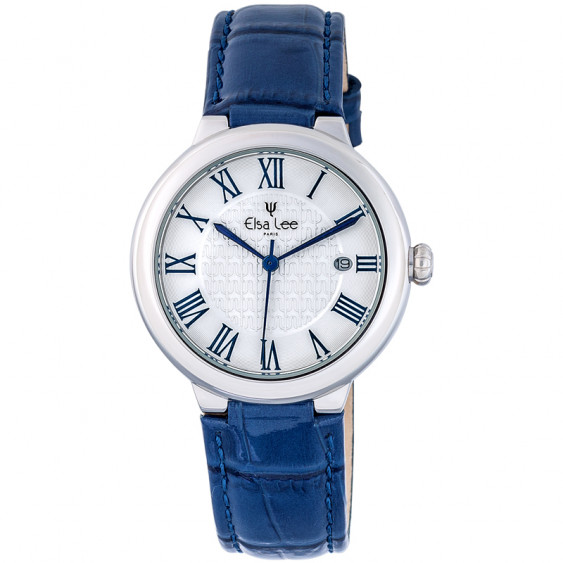 Montre Royale Elsa Lee Paris, cadran argent, bracelet en cuir bleu et chiffres romains