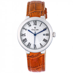 Montre Royale Elsa Lee Paris, cadran argent, bracelet en cuir orange et chiffres romains