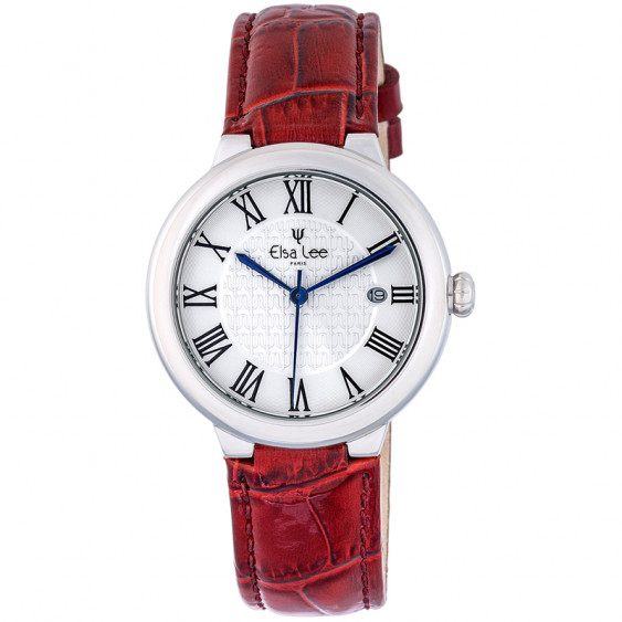 Montre Royale Elsa Lee Paris, cadran argent, bracelet en cuir rouge et chiffres romains