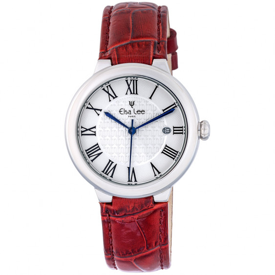 Elsa Lee Paris watch, new 2017 collection, white dial, Roman numerals and patent leather red strap