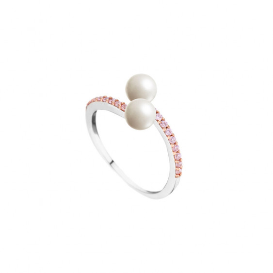 Elsa Lee Paris sterling silver ring, with two white pearls centerpiece and pink Cubic Zirconia lines