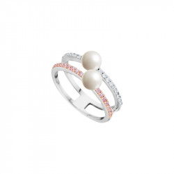 Sterling silver ring from Elsa Lee Paris pearls collection, with 2 white pearls and clear and pink cubic Zirconia lines